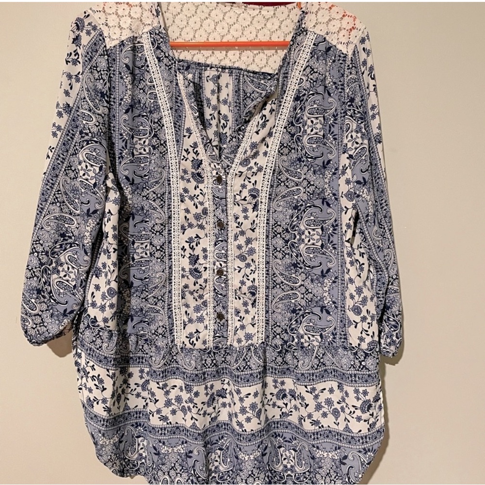 Blue and white floral/lace top